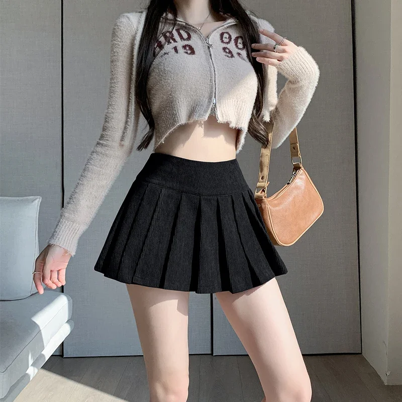 Autumn Winter Retro Women\'s Corduroy Pleated Skirt 2024 High Waist Casual Vintage School Short Saias Femme