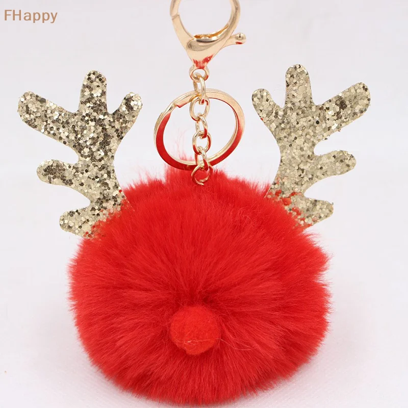 Christmas Antler Hairball Keychain Santa Claus Sequin Fur Pendant Accessories