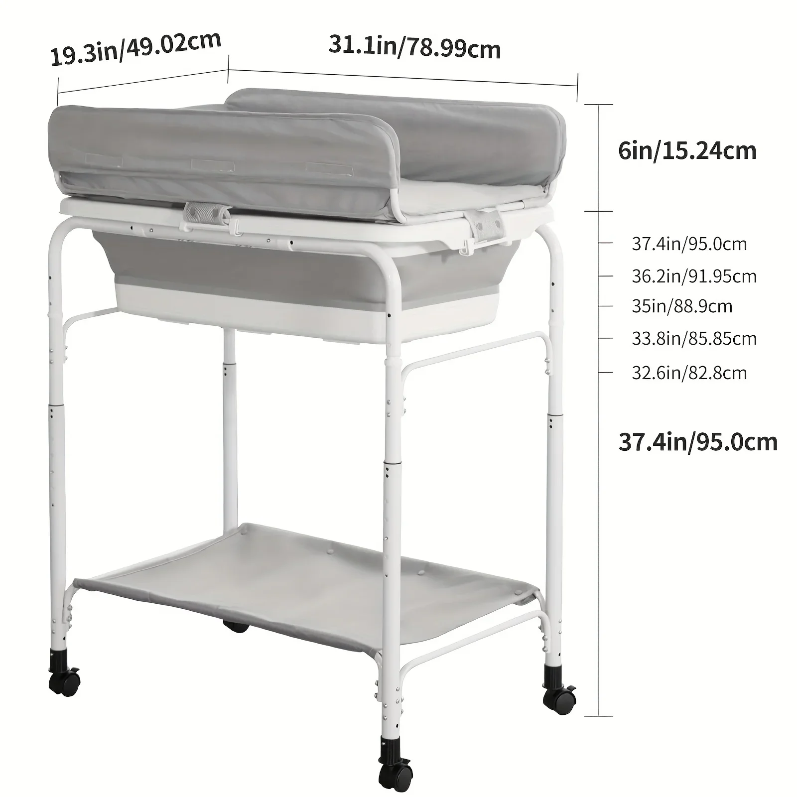 Портативный пеленальный столик 2-в-1 со встроенной ванной, регулируемая по высоте, складная конструкция, оснащенными колесами