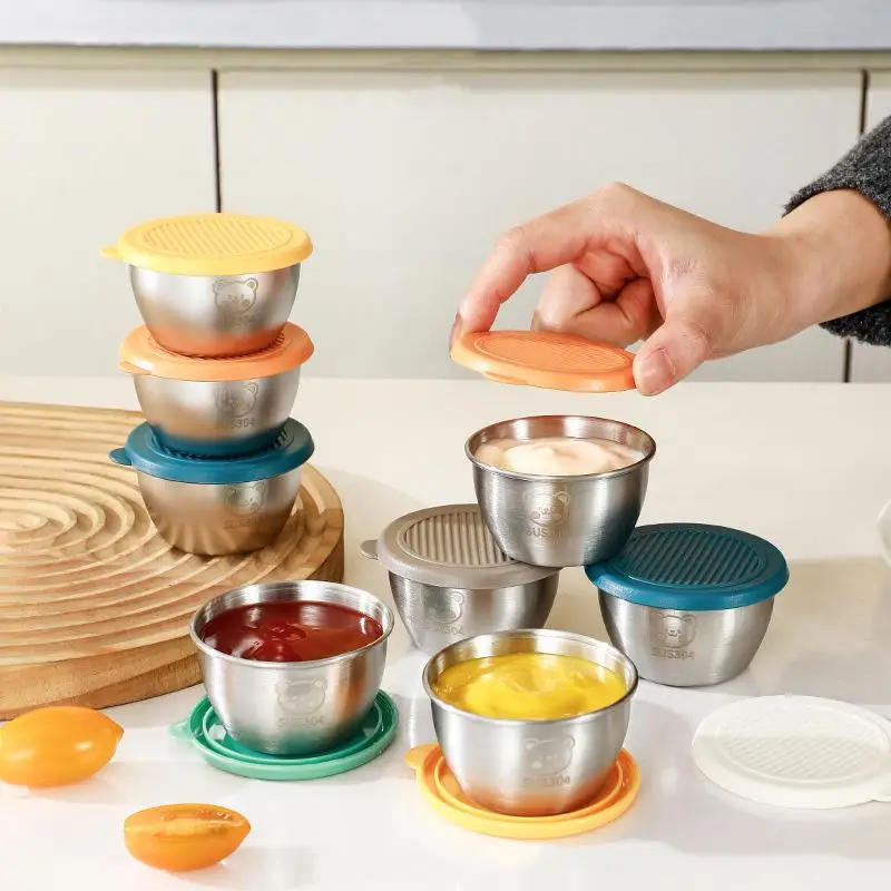 

1/6 Pcs Salad Dressing Container With 80ml Reusable Stainless Steel Cup Leakproof Silicone Lids For Lunch Box And Picnic Kitchen