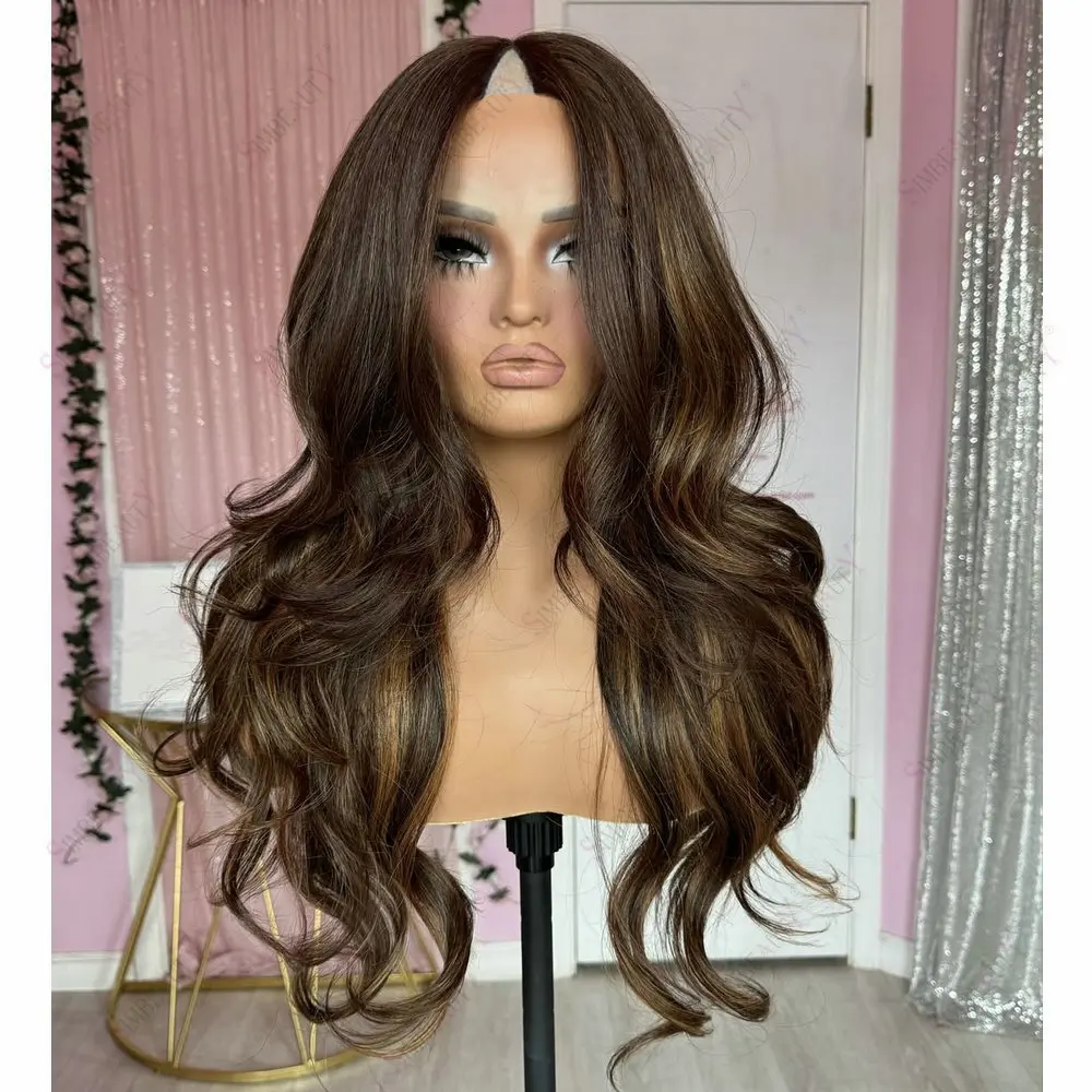 

Glueless 180Density Long Wavy U Part Wig Human Hair Chocalate Brown Highlight Honey Brown 1x4Size V Part WIg Remy Hair for Women
