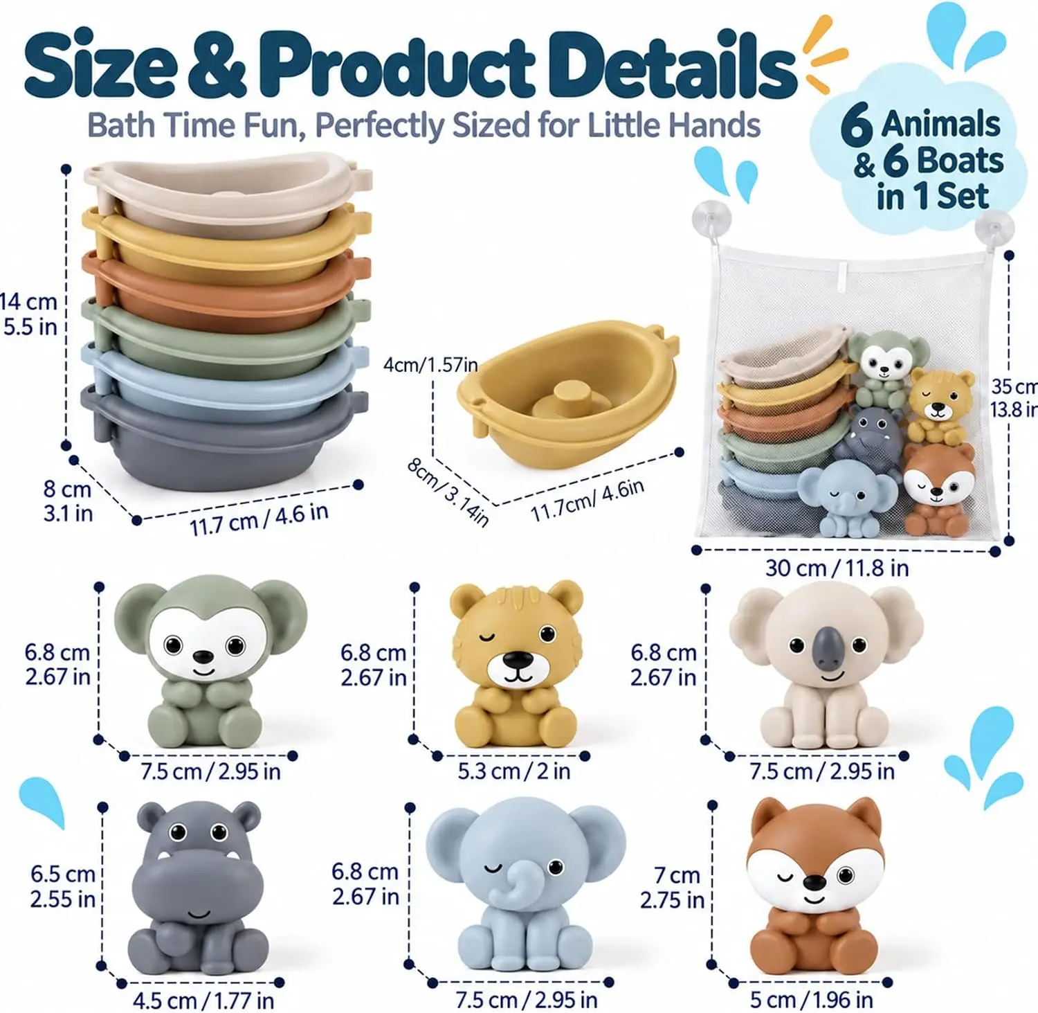 Baby Bath Toys for Ages 1 2 3 4 Years 6 Stackable Boats 6 Animal Finger Puppets and Mesh Storage Bag Bath Time Play