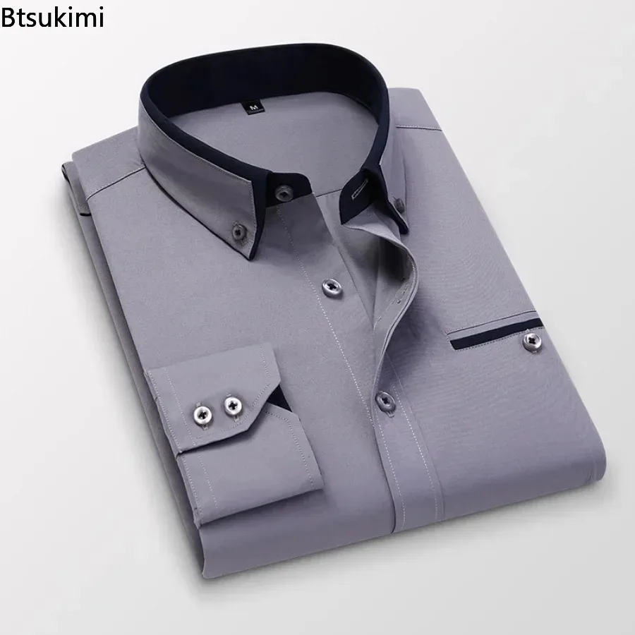 2024 Men\'s Formal Business Office Dress Shirt Solid Long Sleeve Button Up Shirt Turn-down Collar Club Party Shirts Mens Clothing