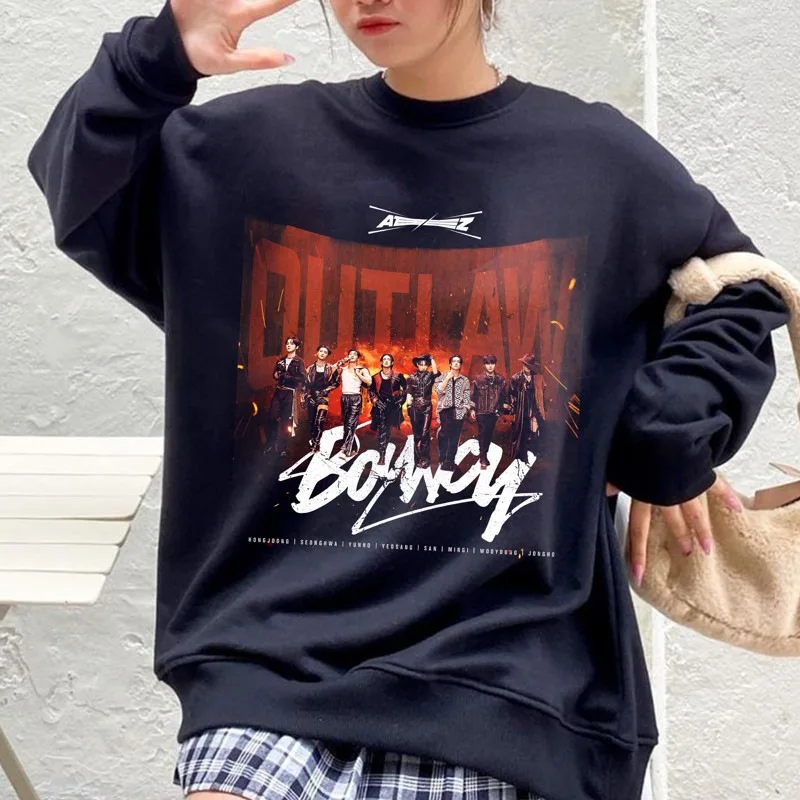 Kpop ATEEZ BOUNCY Sweatshirts Women Men Fashion Kpop Clothes For Fans Pullovers Y2k Autumn Winter Fleece Round Neck Sweater Tops