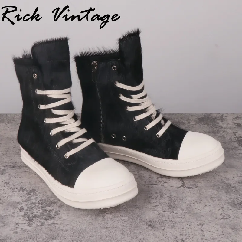 Rick Vintage High Top Shoes Women Leather Black Horse Fur Ro Owenss Thick Sole Increased Street Casual Sneakers Ankle Boots Men