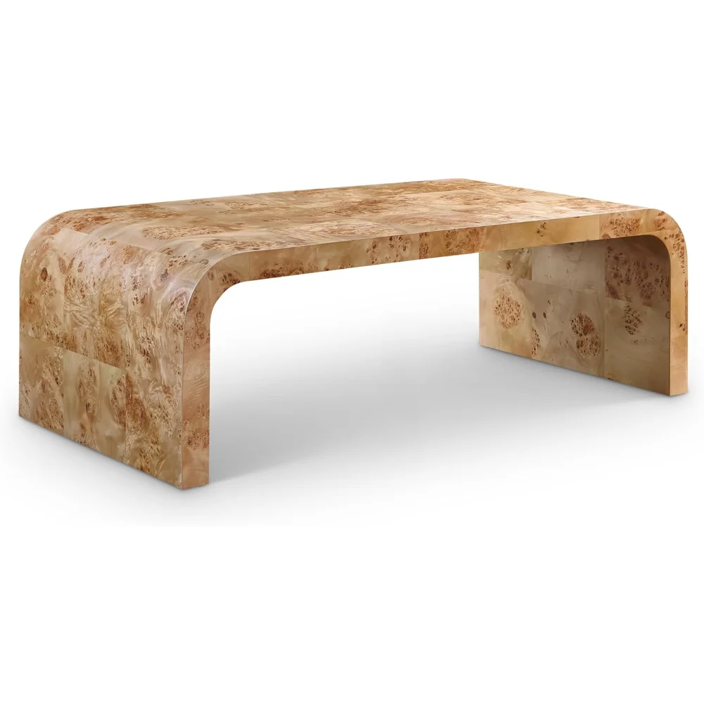 

48"W x 24"D x 16"H Mid-Century Modern Coffee Table - Natural Ash Burl Wood with Natural Ash Finish, Curved Art Deco Design