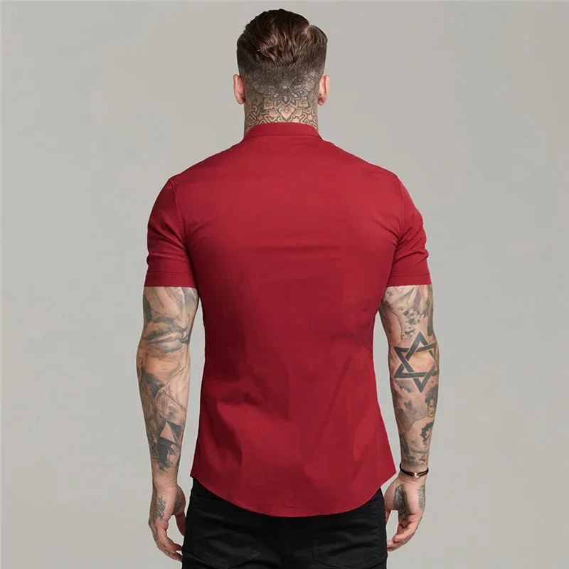 New Arrivals Summer Man Short Sleeve Shirt Solid Fitness Mens Stand Collar Super Slim Fit Business Dress Shirt Button Gym Tops