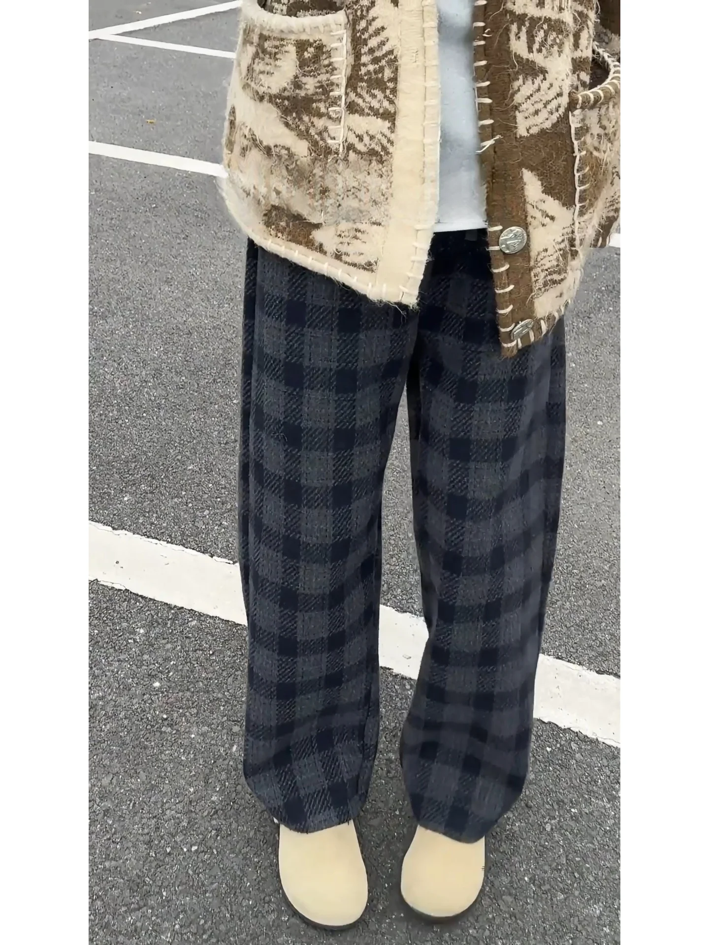 

Модные шерстяные спортивные повседневные брюки в клетку для мужчин, утепленные прямые широкие брюки с высокой талией для осени и зимы