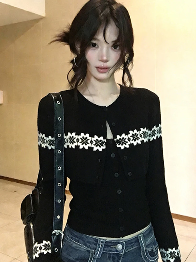 

Ретро-кардиган с узором Fair Isle и снежинками, женский, весенний, модный, с топом на бретельках, комплект из двух предметов, мягкий вязаный топ с длинными рукавами, рукаутер.