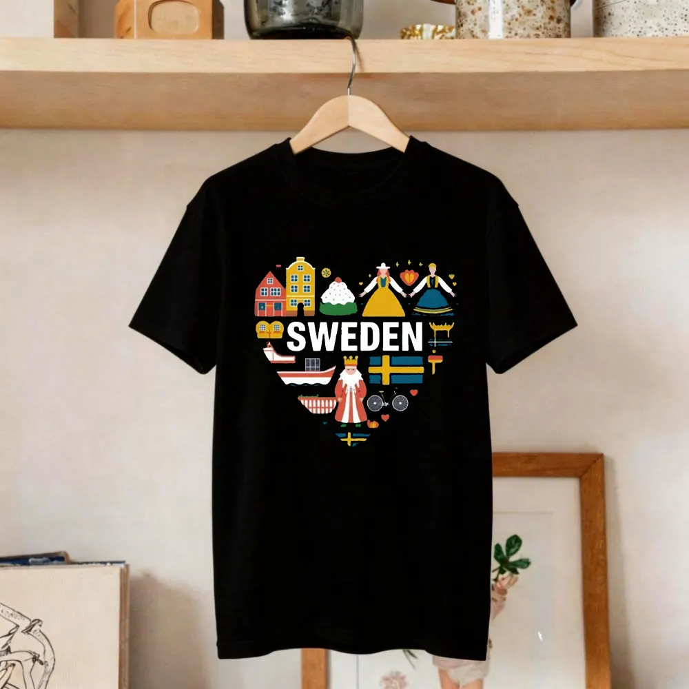 Swedish Folk Art T-Shirt Scandinavian Icons Heart Shaped Sweden Tees Women Summer Tops Y2k O-neck Color Print T Shirt