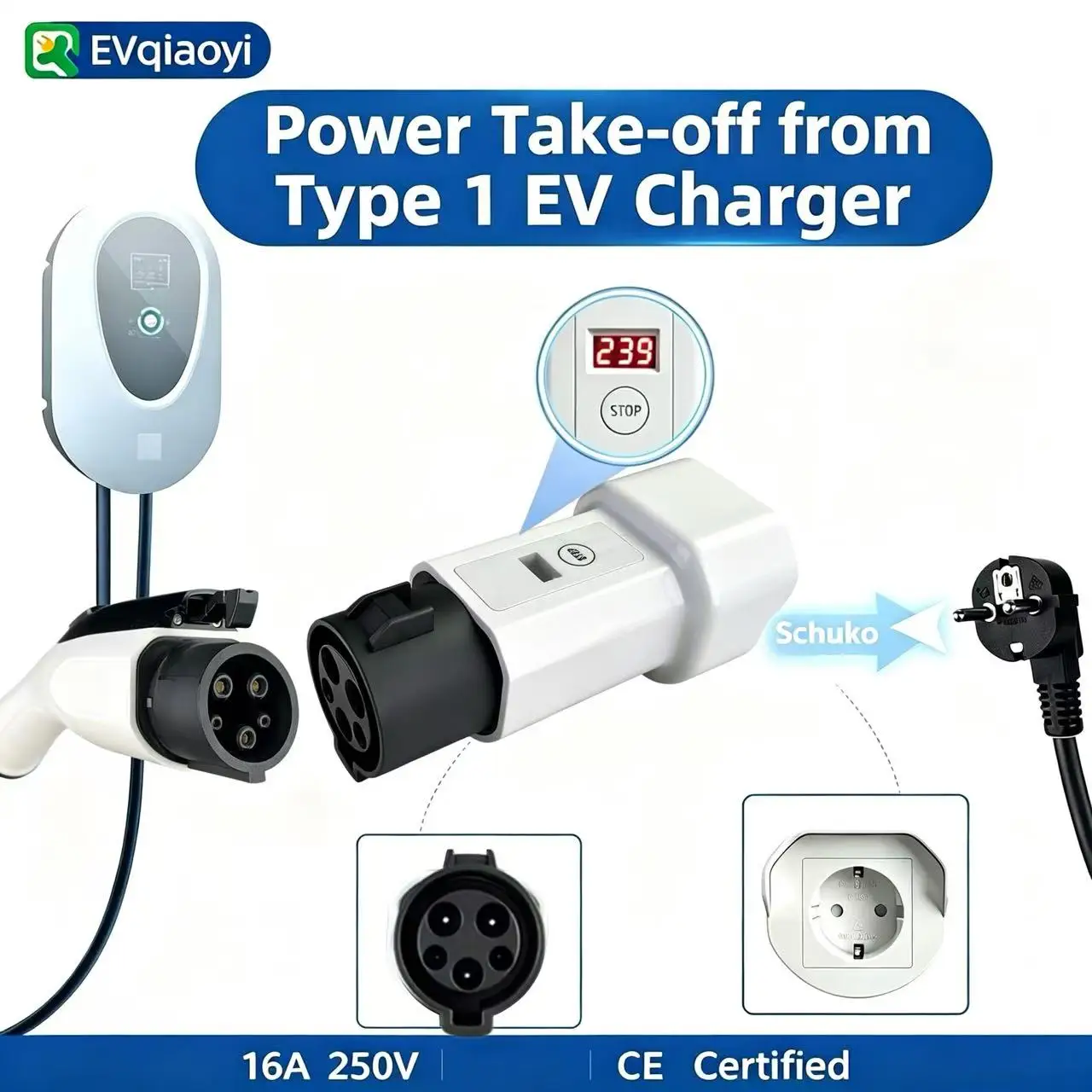 Type1 to 220V Schuko Adapter for Mobile EV Wallbox & EVSE, Caravan & Portable Power Take Power From EV Charging Pile for RV,