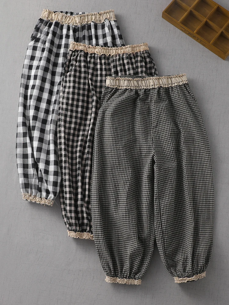 Harajuku Japan Style Ladies Lantern Pants 2023 New Autumn Vintage Plaid Lace Casual Loose Ankle-Length Harem Pants for Women