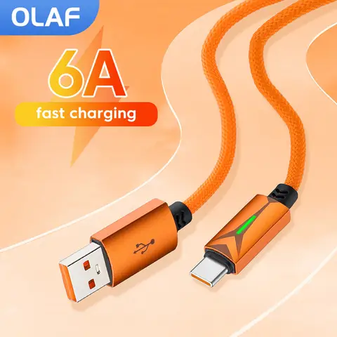 120W USB Type C Cable 6A Fast charging USB A To Type C Braided Data Cable For Iphone 15-17 Xiaomi Huawei USB C cable with light