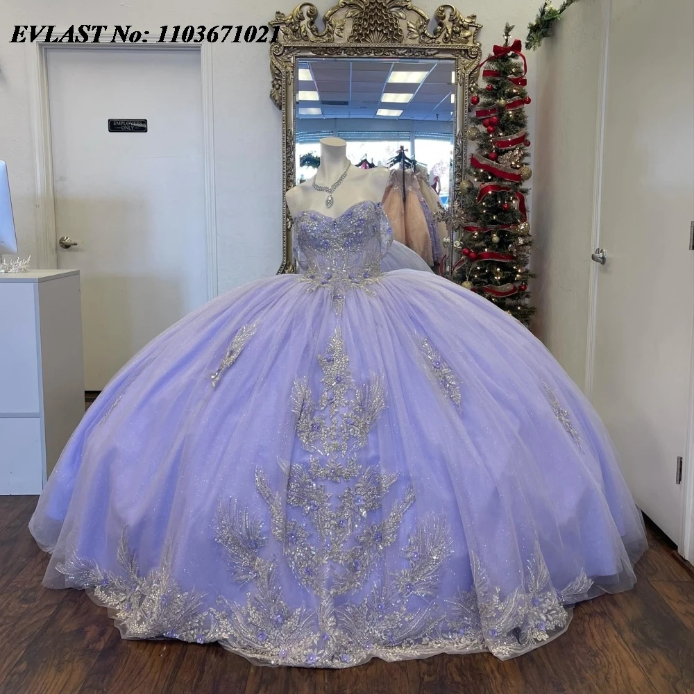 EVLAST Elegancka fioletowa suknia Quinnceanera Suknia balowa Błyszcząca koronkowa aplikacja Frezowanie Meksykański gorset Sweet 16 Vestidos De 15 Anos SQ687