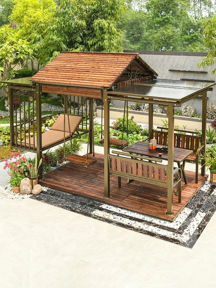 Pavilion swing bed courtyard garden solid wood villa awning carbonized wood pavilion