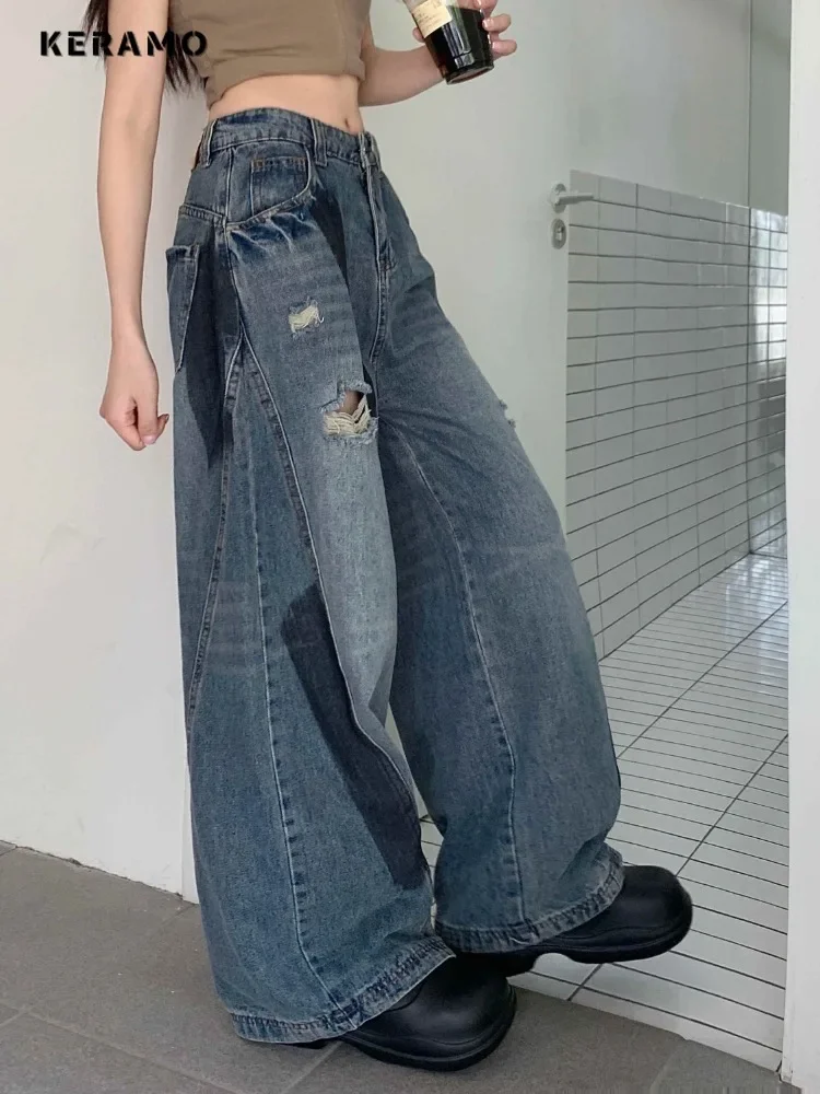 Vintage Ripped Harajuku Loose Fit Jeans Y2K Hollow Out Oversized Wide Leg Trashy Pants 2024 Summer Women's Baggy Denim Trouser