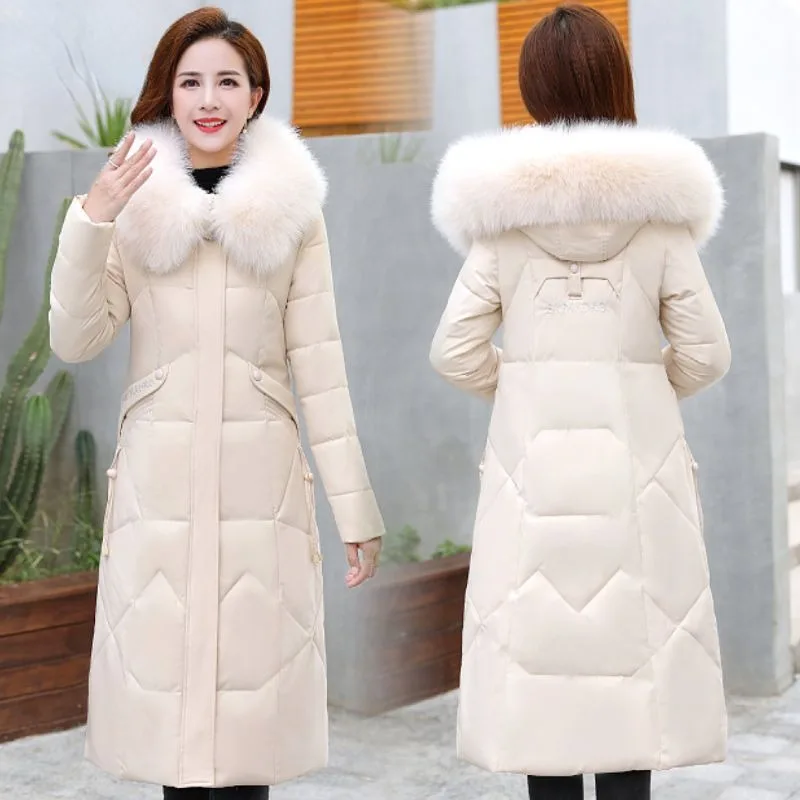 

2023 Winter New Down Cotton Coat Female Embroidery Long Knee Length Cotton Jacket Slim Fit Quilted Coat