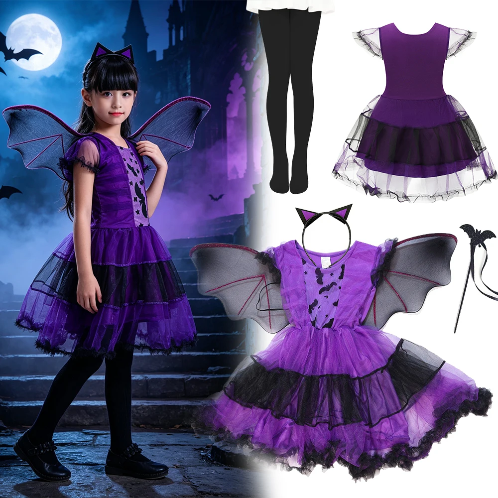 1. Kids Role Play Dress Girls Bat Cosplay Tutu Dress with Wings Headband Halloween Fancy Costume for Carnival Dress Up Party