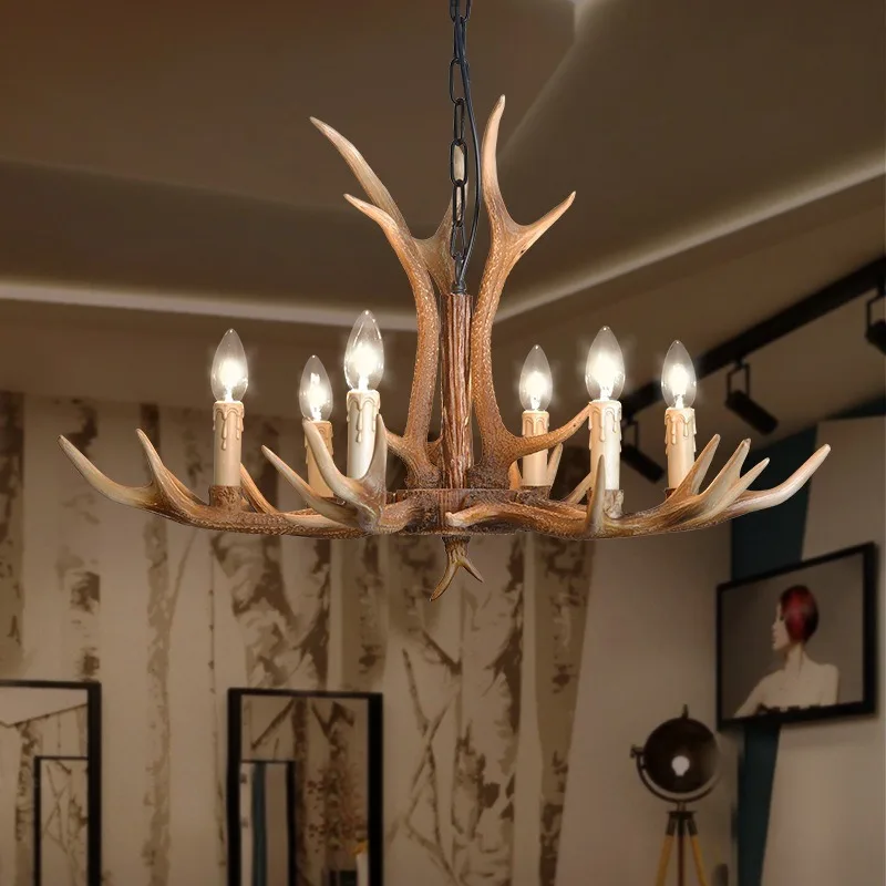 American Retro Deer Horn Chandelier Living Dining Room Coffee Shop Pendent Light Homestay Wooden House Home Decor Hanging Lamp
