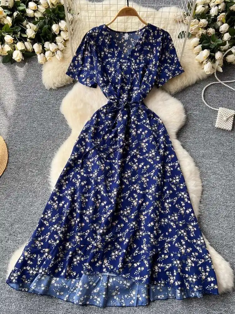 レディースプリントビーチドレス 夏 セクシー Vネック レースアップ 半袖 花柄ワンピース フレンチスリム Aライン ボヘミアン ロングローブ ワンピース