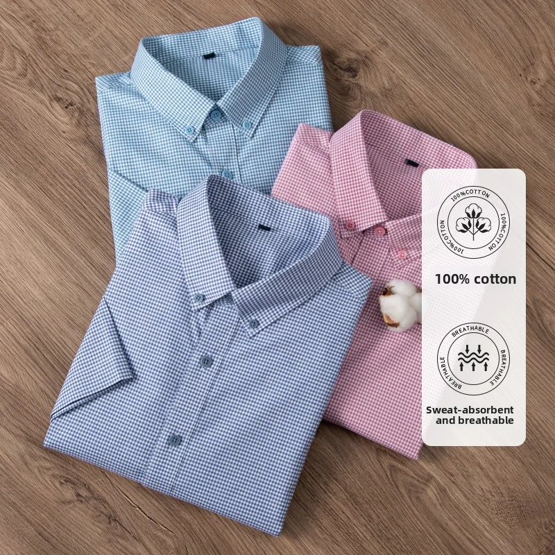 High End Anti-wrinkle 100% Cotton New Summer Brand Slim Fit Shirt Korean Checkered Short Sleeve Casual Fashion Men Clothing