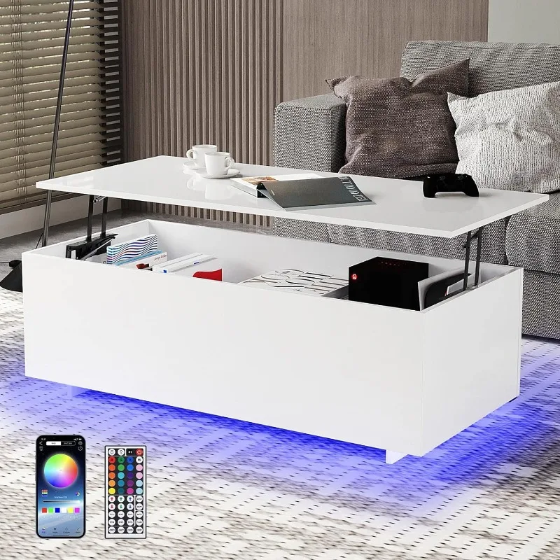 โต๊ะกาแฟ LED สำหรับห้องนั่งเล่น-โต๊ะเงาสูงพร้อมไฟ LED, 20สีควบคุมโดยรีโมทหรือแอป
