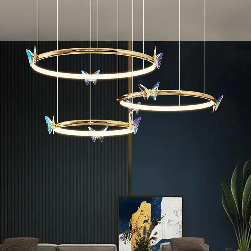 Modern Gorgeous Butterfly Flying Golden Ring Home Decoration Lighting Line Adjustable LivingBedroom LED Chandelier Well Packed