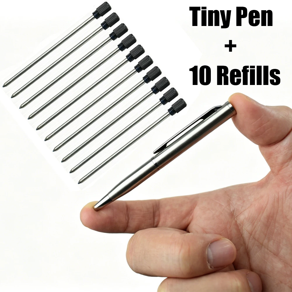 Portable Twist Tiny Ballpoint Pen Set Pocket-Sized Pen + 10 Black/Blue Ink Refills 0.7mm Point Metal Pocket Ballpen Travel Daily