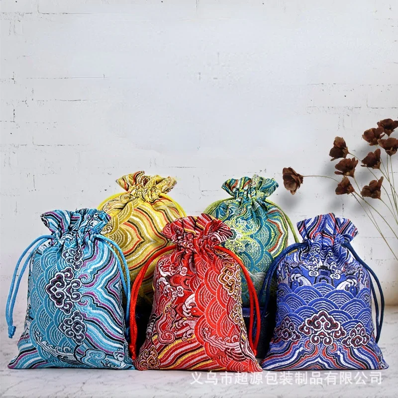 5pcs (10x14cm) High Quality Embroidery Satin Drawstring Bag Silk Brocade Pouches Damask Jewelry Sachet Xmas Wedding Gift Pouch