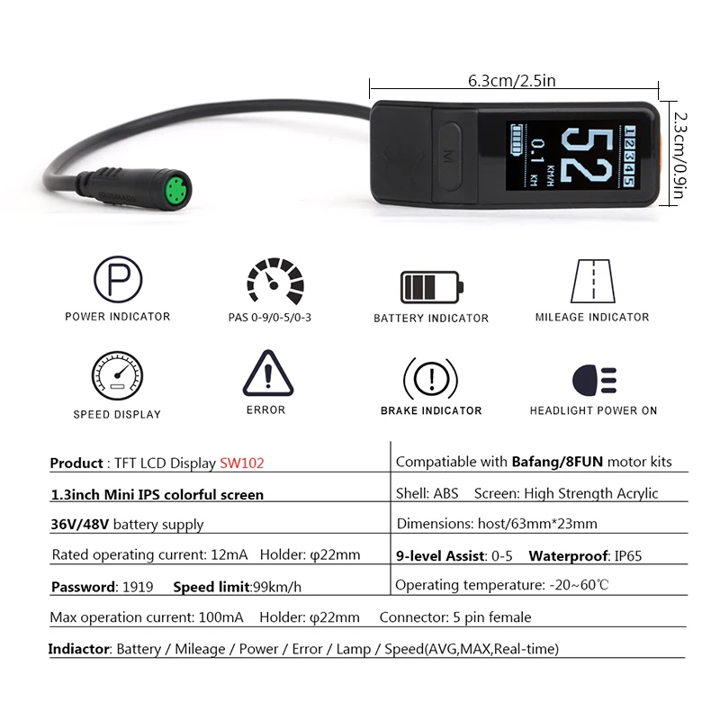 SW102 Mini Display LCD Bafang BBS0102 BBSHD M400 G330 G510 M620 UART CAN 8FUN Mid Motor per 36V 48V 52V 750W E-bike