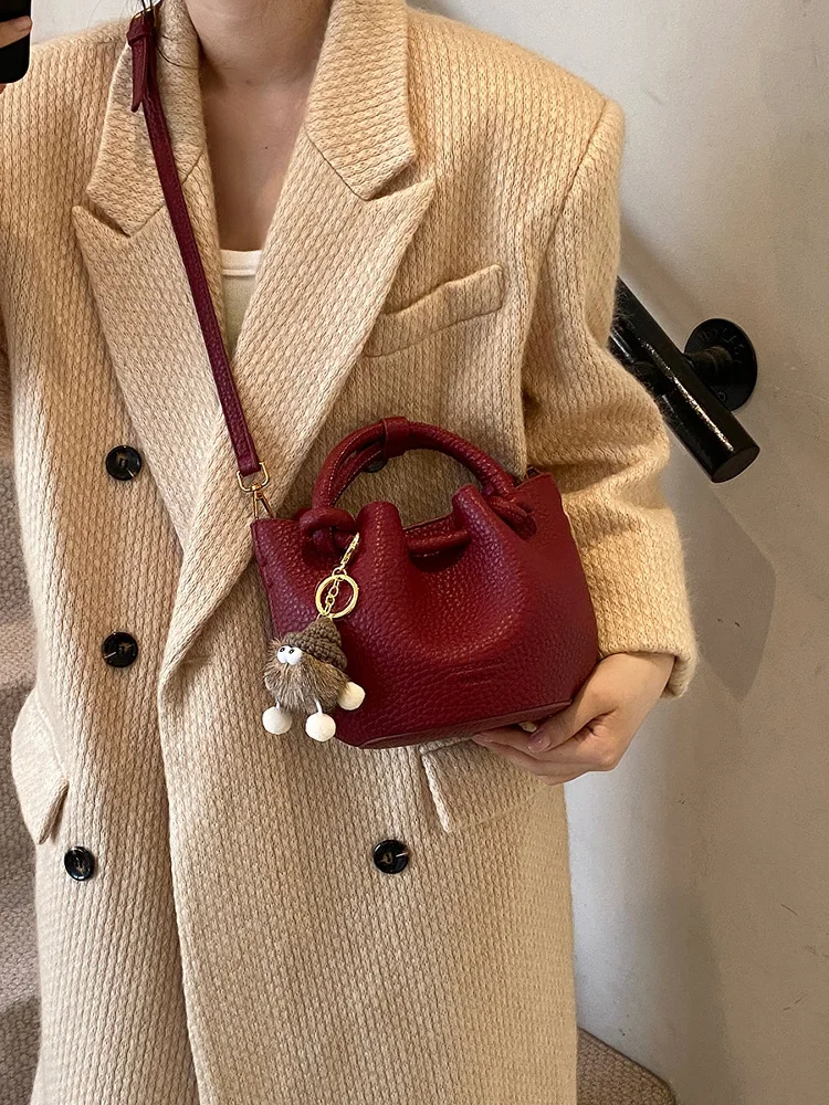 2026 New Mini Bucket Bag for Women Lightweight Crossbody Bag with Plush Charm Casual PU Leather Handbag - view 3