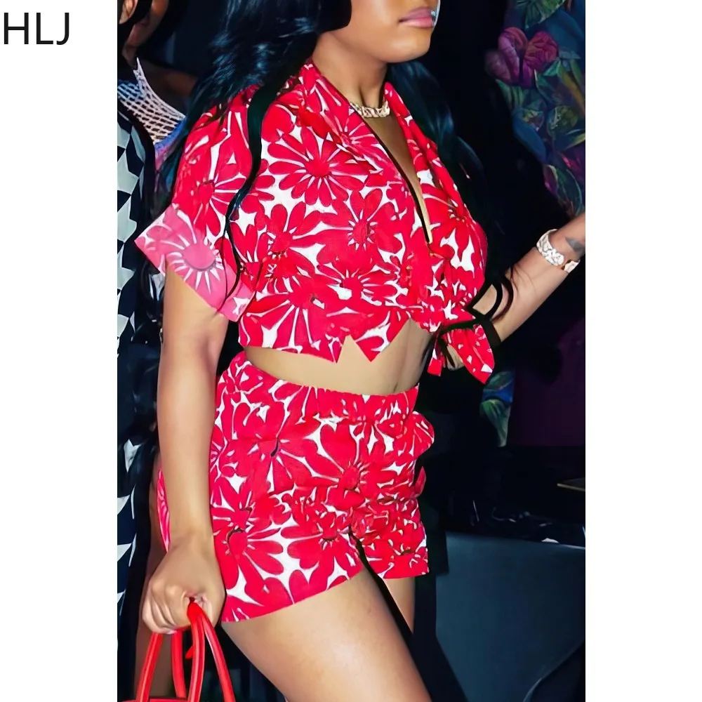 HLJ Red Summer New Flowers Print Two Piece Sets Women Deep V Short Sleeve Bandage Crop Top+Shorts Outfits Female 2pcs Tracksuits