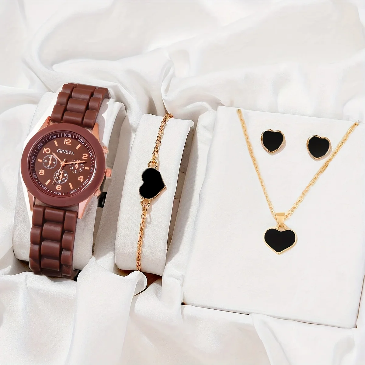 4pcs/set, 1pc Brown Watch & 3pcs Jewelry Set, School Season Watch Set