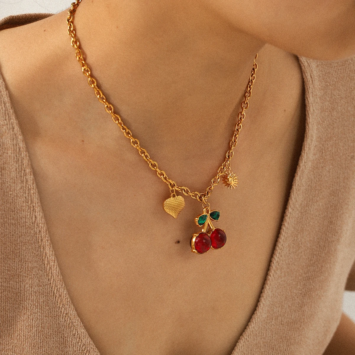 Huang Chao New Red Zircon Cherry Fruit Pendant Series Stainless Steel Heart Pendant Necklace Bow Accessory Holiday Gift