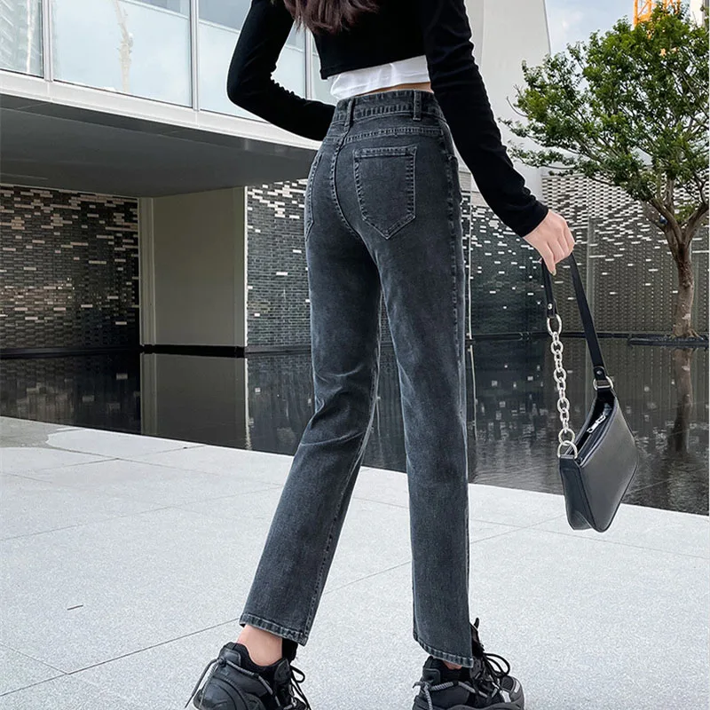 2023 Vintage Washed Denim Straight Pants Women Jeans High-waist Slim Ankle-Length Casual Pants Female Oversize Split Foot Jeans