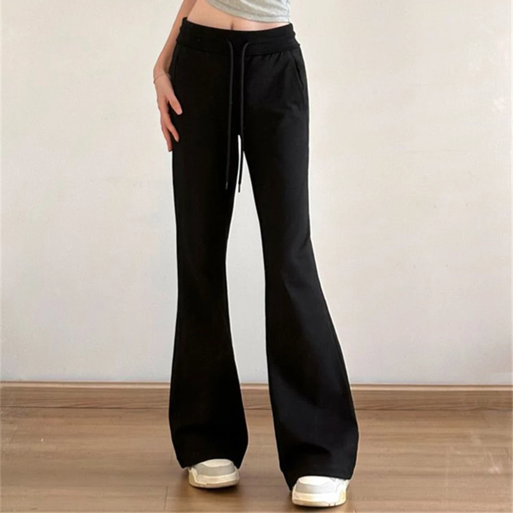 Solid Color Low Waist Slightly Flared Sports Pants Women Polyester Elastic Casual Trousers For Daily Vacation Holiday Club Wear