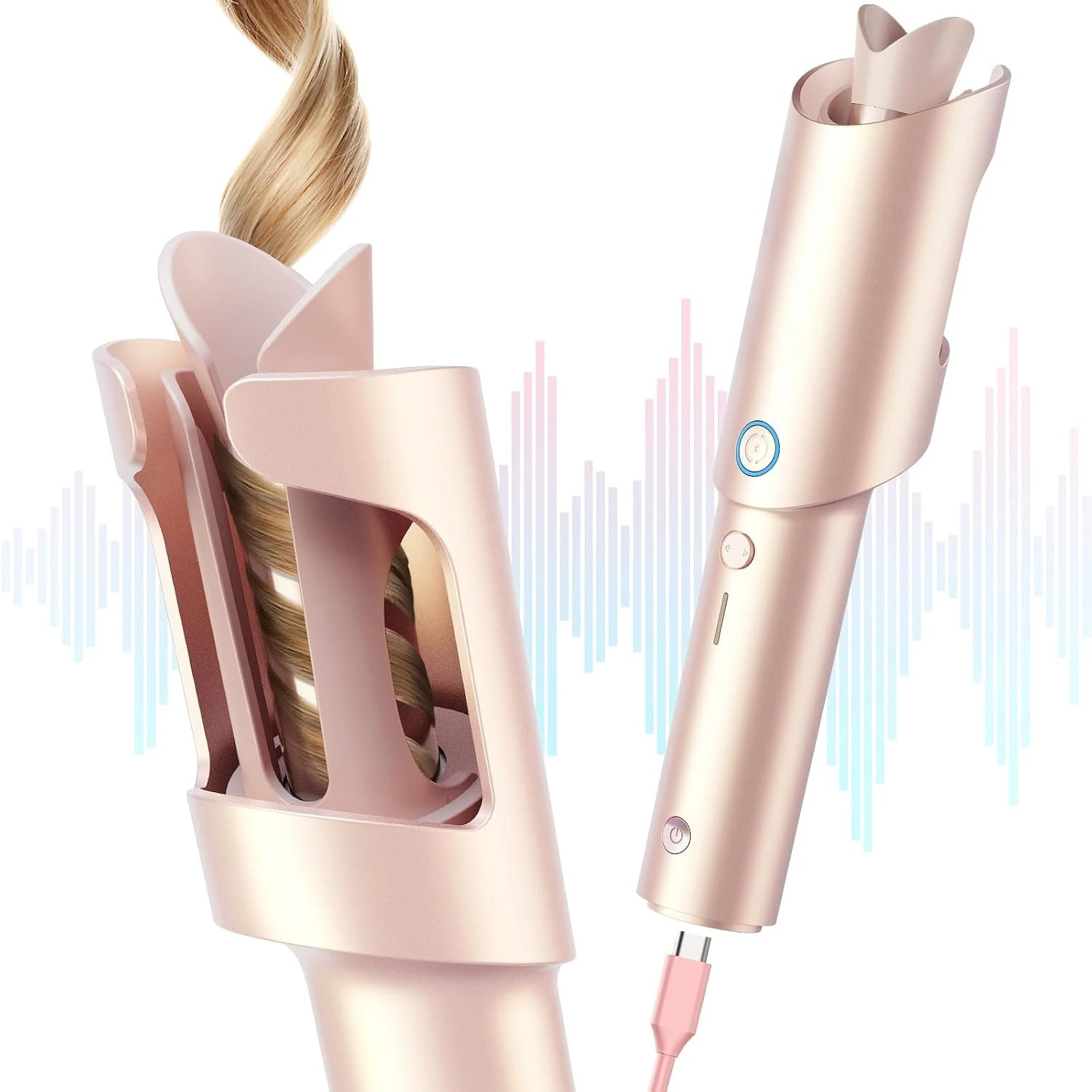 1 Inch Beach Waves Rotating Curling Wand, Portable Hair Curlers for Travel, Dual Voltage & Rechargeable Curler for Women, Tangle-Free, Gold Blush