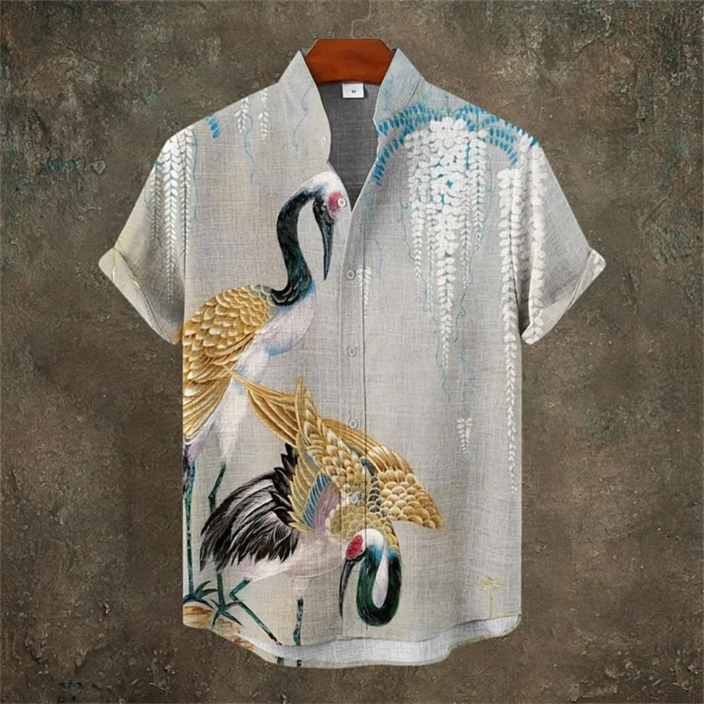 

Men's Short Sleeve Linen Shirt Animal Element Printed Button up Fashionable Stand up Collar Casual High-Quality Streetwear