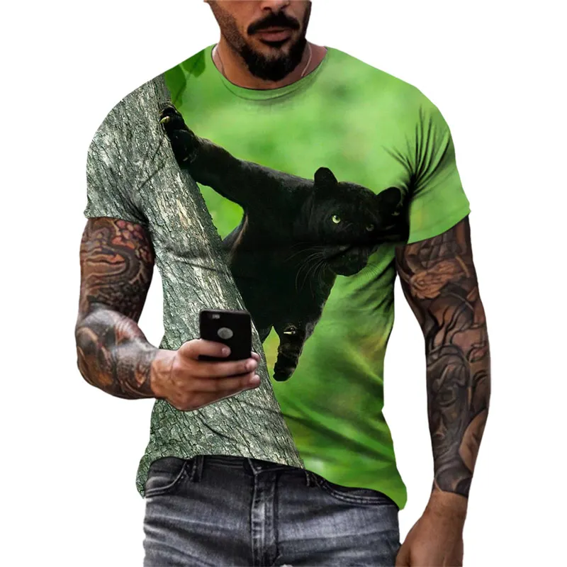 Summer New 3D Animal Panther Graphic T Shirts Men Fashion Casual Personality Street Style Print Round Neck Short Sleeve Tees Top