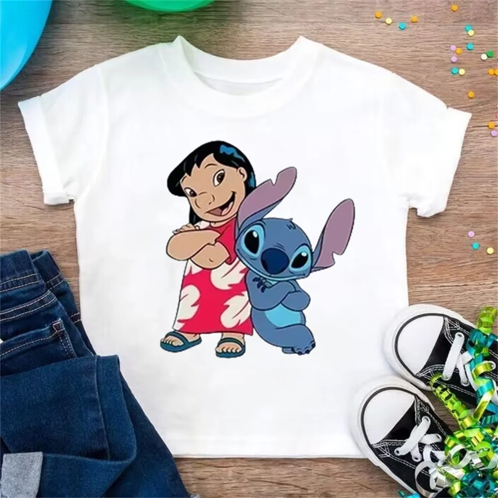 

Детская футболка Disney Lilo Stitch Kawaii, футболка с героями мультфильмов, детская повседневная одежда, футболка для девочек и мальчиков, модный топ Y2K