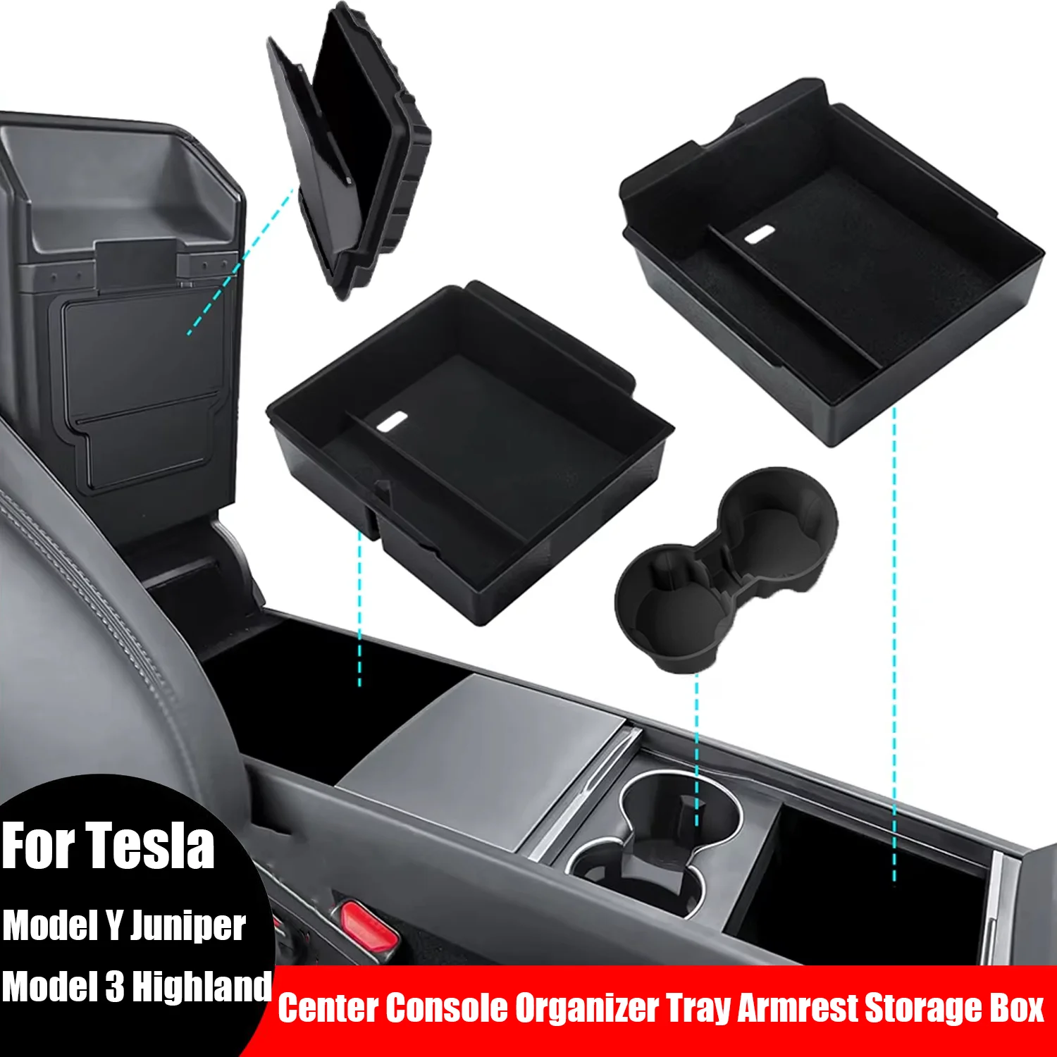 For Tesla Model Y Juniper 2025 & Model 3 Highland 2024 2025 ABS Center Console Organizer Tray Armrest Storage Box Accessories