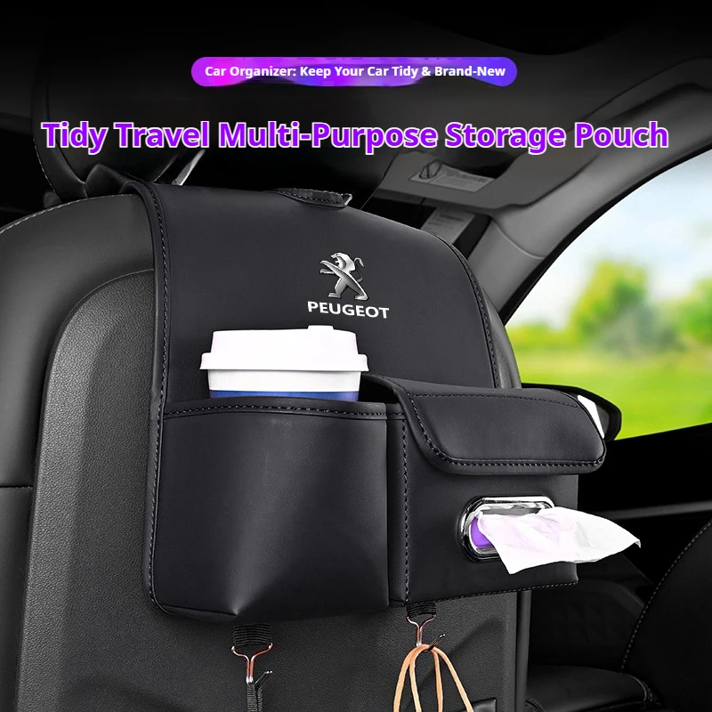 

Car Seat Back Storage Pocket with Tissue Box & Cup Holder, Interior Accessories, Suitable for Peugeot 408 508 2008 5008 308 3008