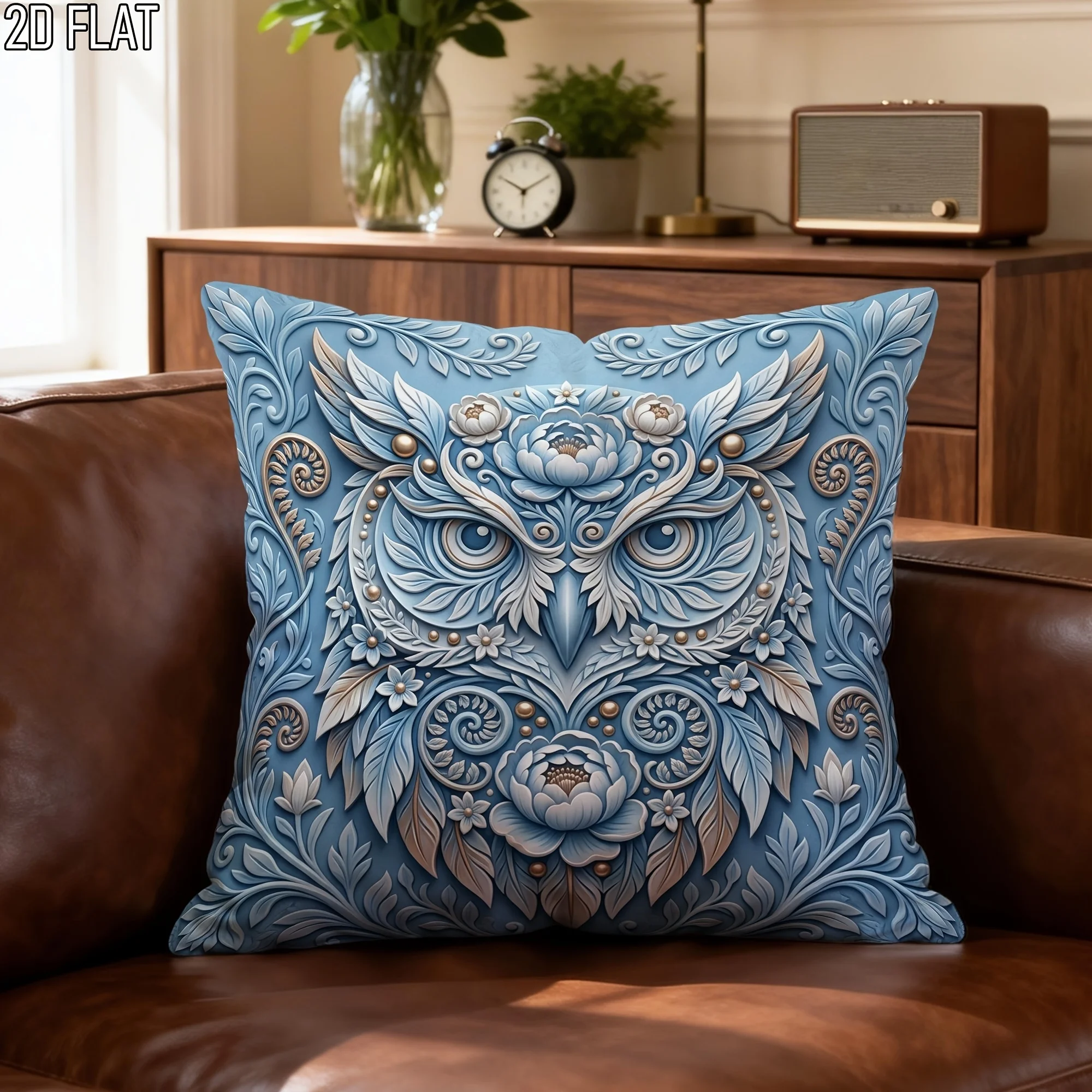 2D Style Owl Throw Pillow Cover Blue Floral Carved Effect Cushion Case for Elegant Home Decor