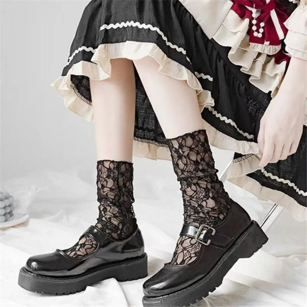 

Fashion Transparent Mesh Flower Socks Thin Pile Up Lace Sock for Women Princess Sock Ins Style Floral Tulle Socks Summer