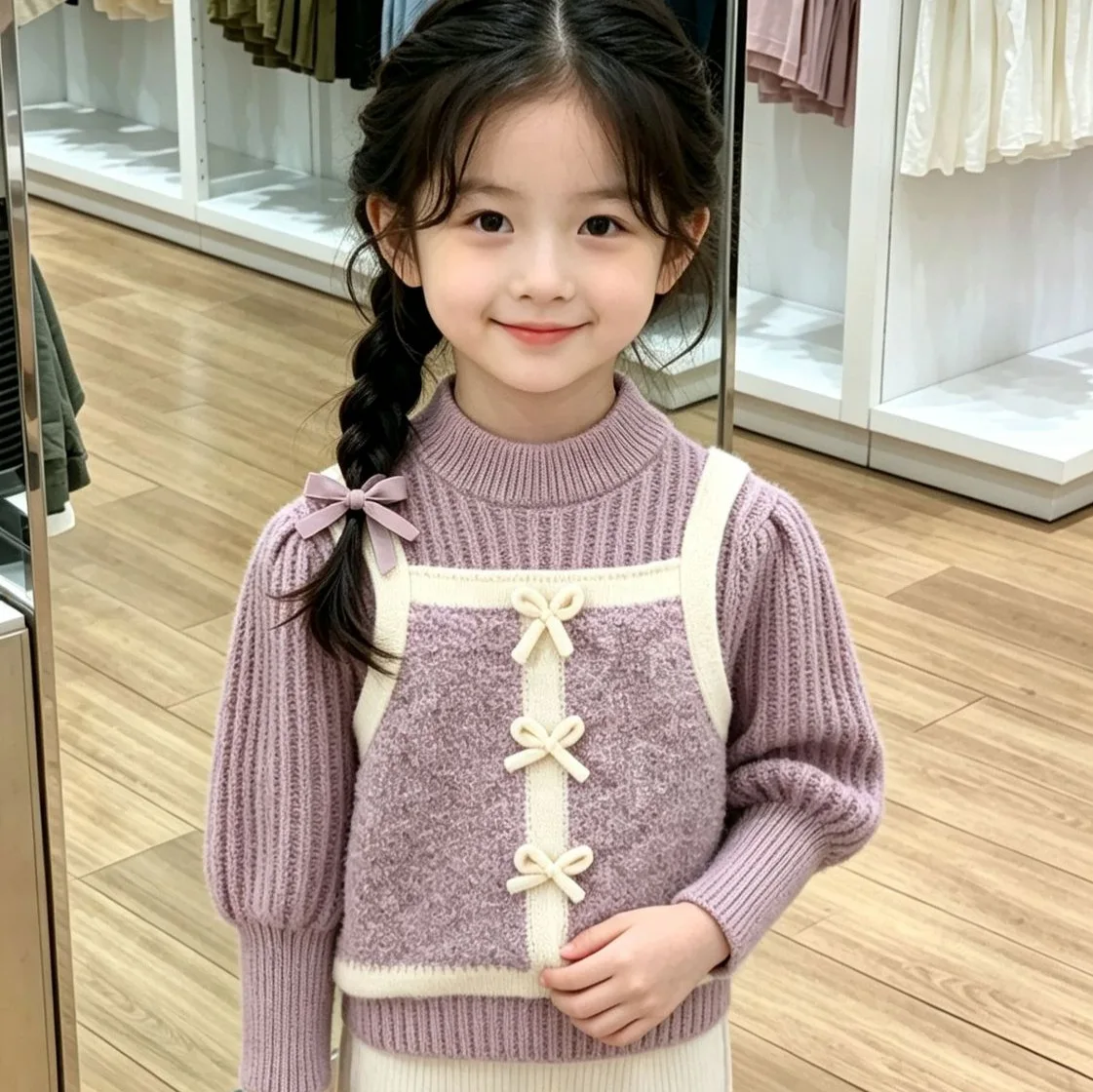 Winter Korean‑Style Girls Lavender Fake‑Two‑Piece Knit Sweater Bow Decor Puff Sleeve Pullover, Sweet Top for Baby Girls