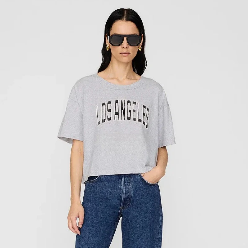 

2025 Summer New Classic Letter Print Loose Cotton Flower Gray Women's Short-sleeved T-shirt