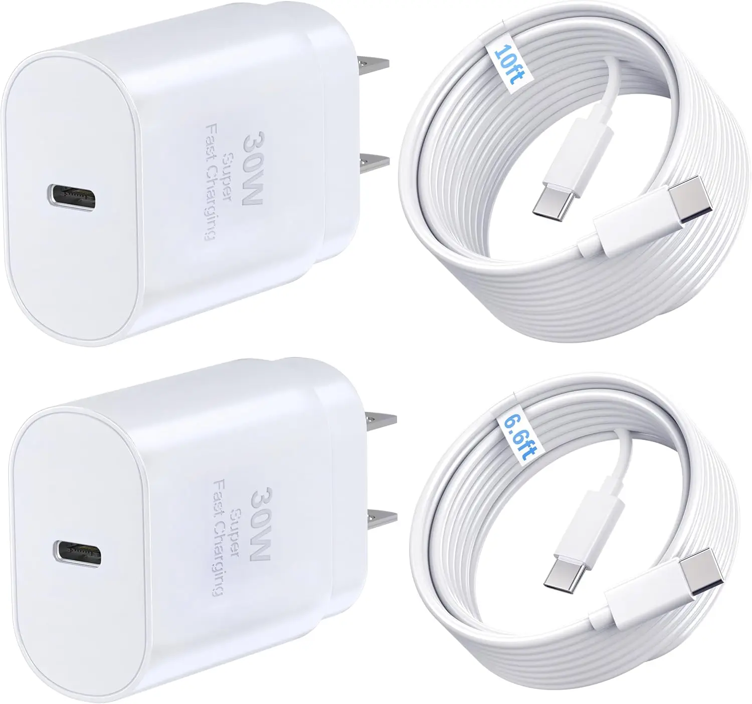 30W USB C Fast Charger Kit with 10FT & 6.6FT Cables, PD 3.0 Wall Charger Compatible with iPhone 17/16/15 Pro Max, Galaxy S26/S25/S24 Ultra, iPad Pro (White)