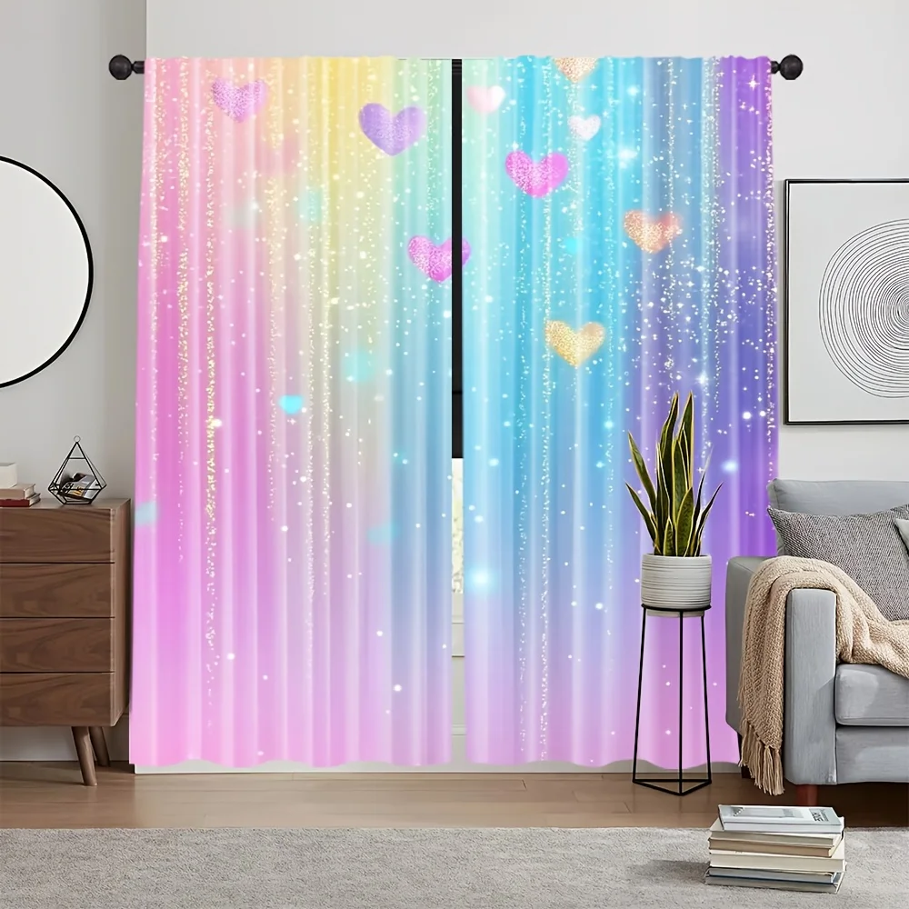 Magical Rainbow Heart Curtains for Living Room Bedroom, Sparkly Glitter Ombre Window Drapes, Cute Girls Room Decor