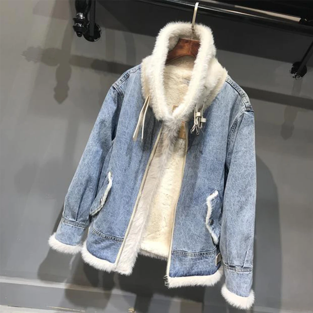 Kurtka jeansowa damska w stylu koreańskim, ocieplana bawełną, luźna, gruba, ciepła, idealna do dojazdów do pracy, zimowa, z kołnierzykiem, uniwersalna odzież wierzchnia.
