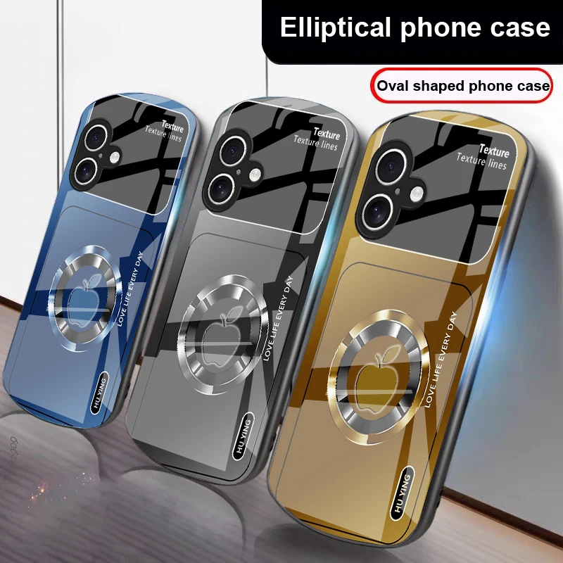

Silver circle apple icon For iPhone 17 16 15 14 13 Plus 12 mini 11 Pro Max XR Xs Max X 7 8 6S 22 20 Elliptical glass phone case